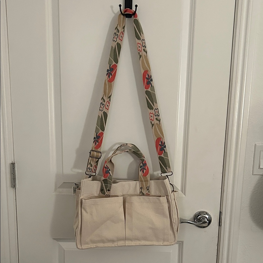 Stylish Cream Tote Bag with Floral Strap